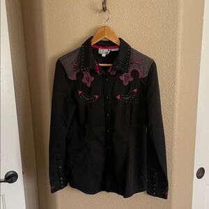 Panhandle Slim Black & Gray Women’s Western Shirt with Hot Pink Embroidery SZ L